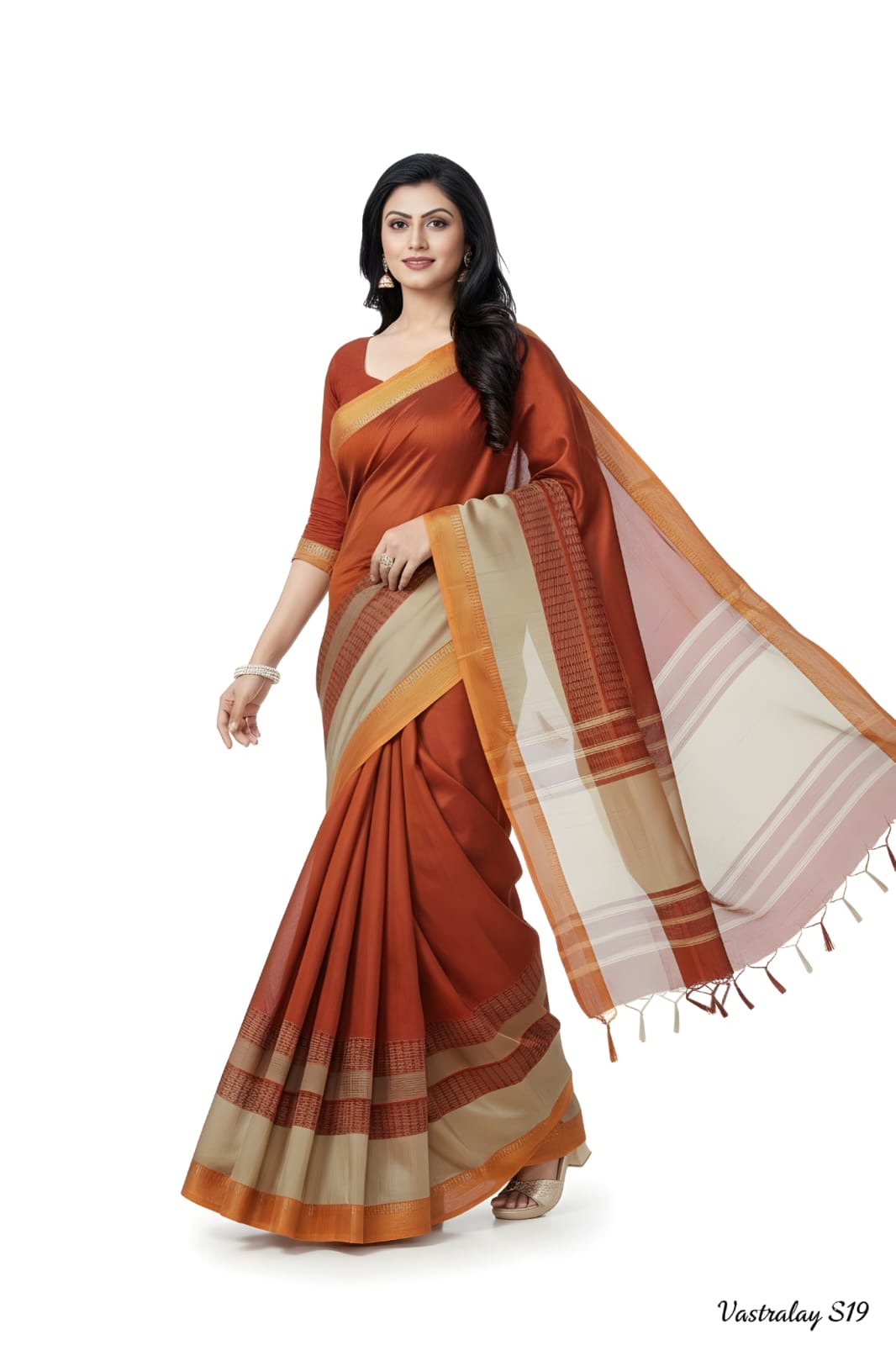 Rust Orange Cotton Silk Saree with Contrast Pallu