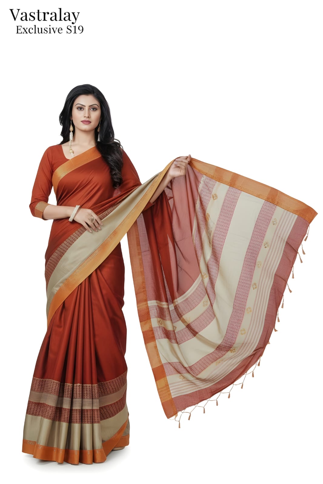 Rust Orange Cotton Silk Saree with Contrast Pallu