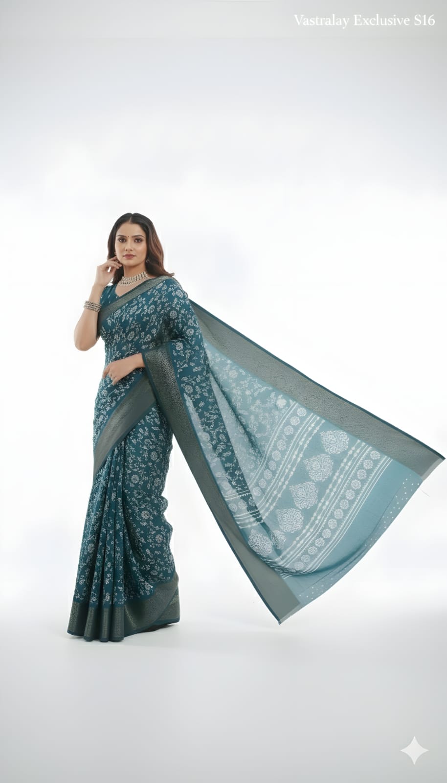 Teal Green Floral Woven Cotton Silk Saree