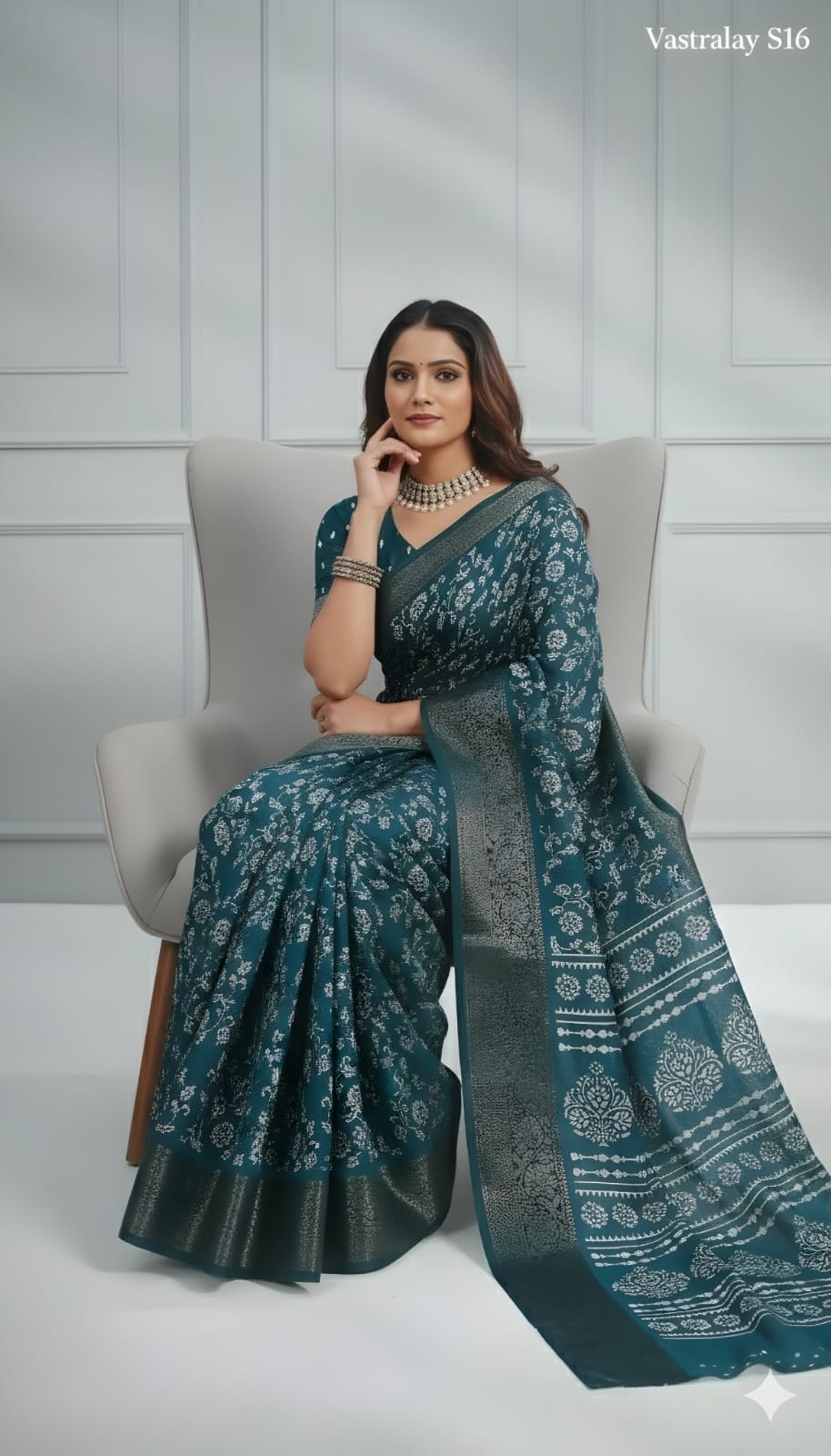 Teal Green Floral Woven Cotton Silk Saree