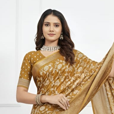 Mustard Gold Floral Woven Cotton Silk Saree