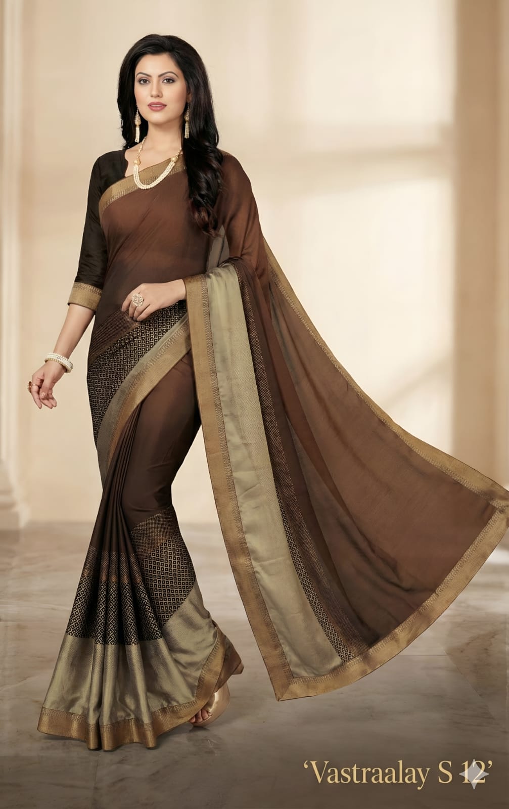 Vastraalay Exclusive Chocolate Brown Cotton Silk Saree with Gold Border
