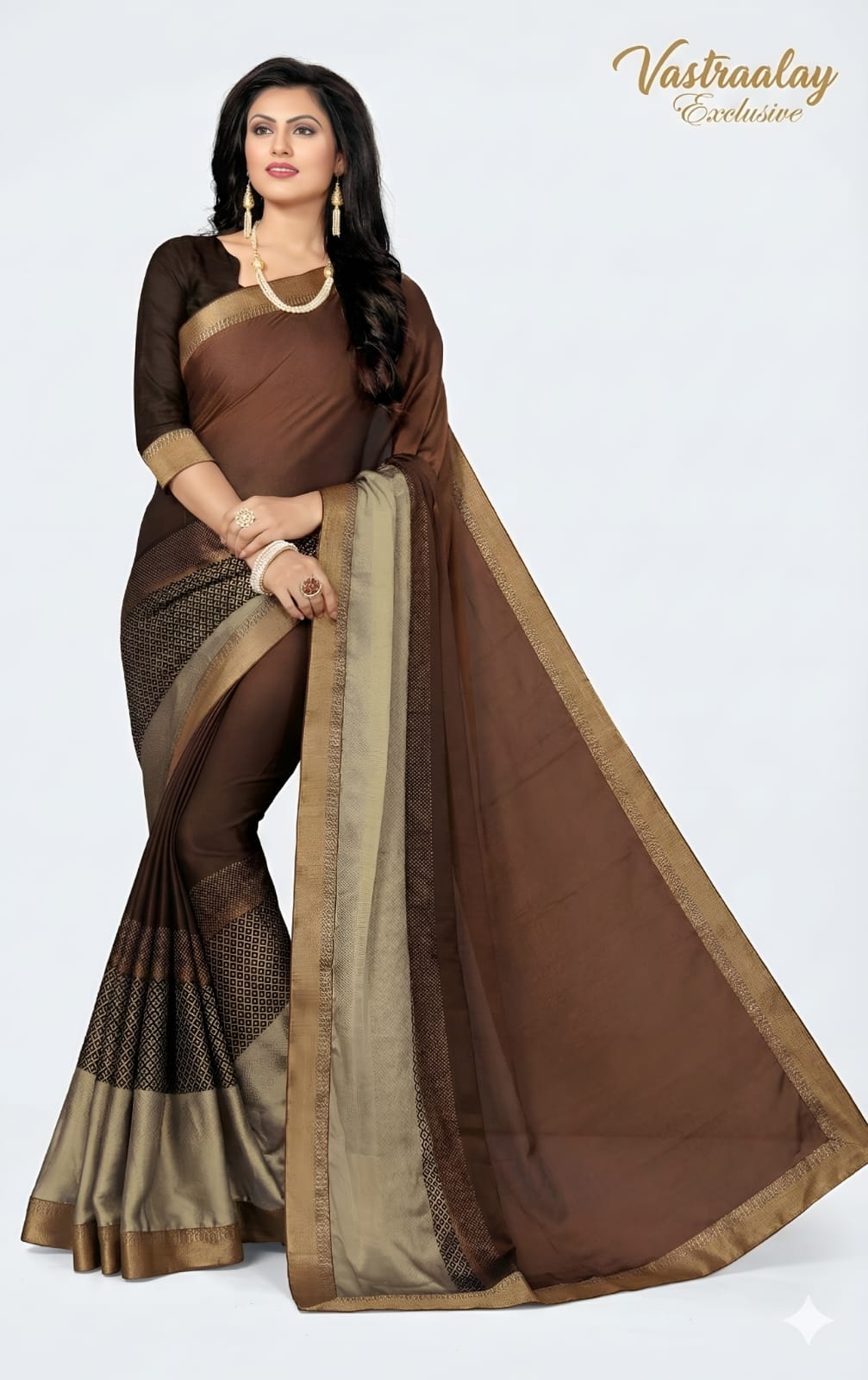 Vastraalay Exclusive Chocolate Brown Cotton Silk Saree with Gold Border