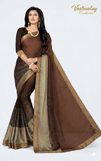 Vastraalay Exclusive Chocolate Brown Cotton Silk Saree with Gold Border