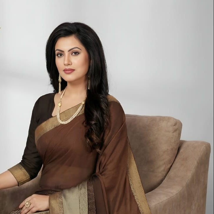 Vastraalay Exclusive Chocolate Brown Cotton Silk Saree with Gold Border