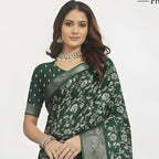 Elegant Emerald Green Woven Silk Saree with Floral Motifs
