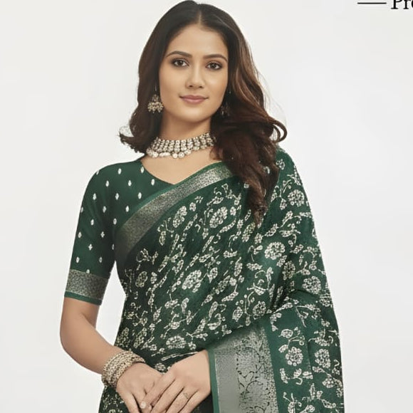 Elegant Emerald Green Woven Silk Saree with Floral Motifs