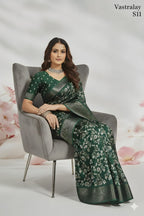 Elegant Emerald Green Woven Silk Saree with Floral Motifs