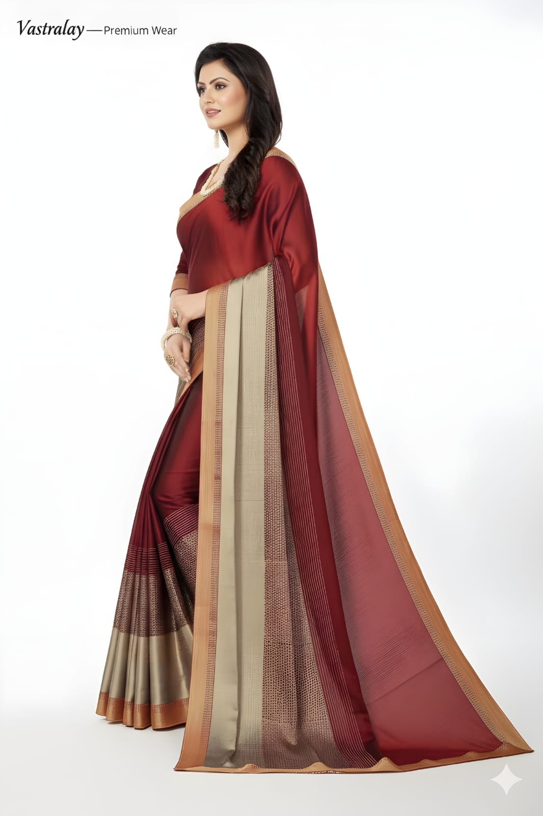 Premium Maroon Satin Silk Saree with Elegant Beige Woven Border