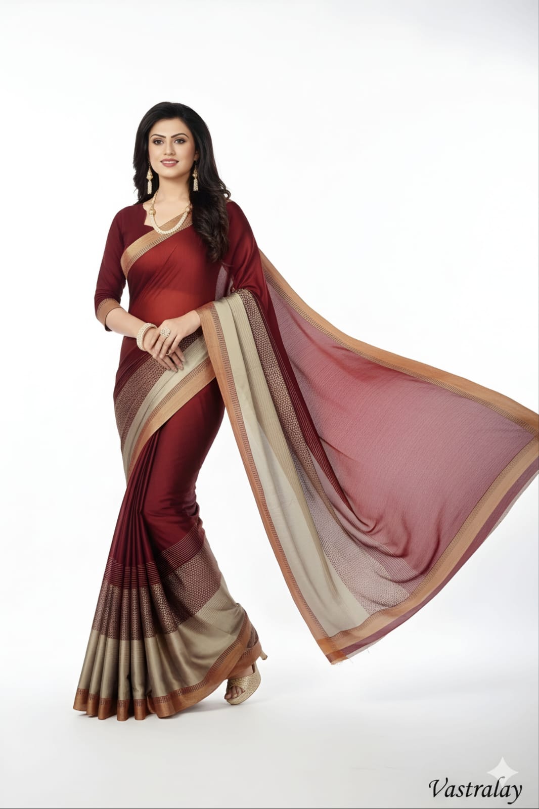 Premium Maroon Satin Silk Saree with Elegant Beige Woven Border
