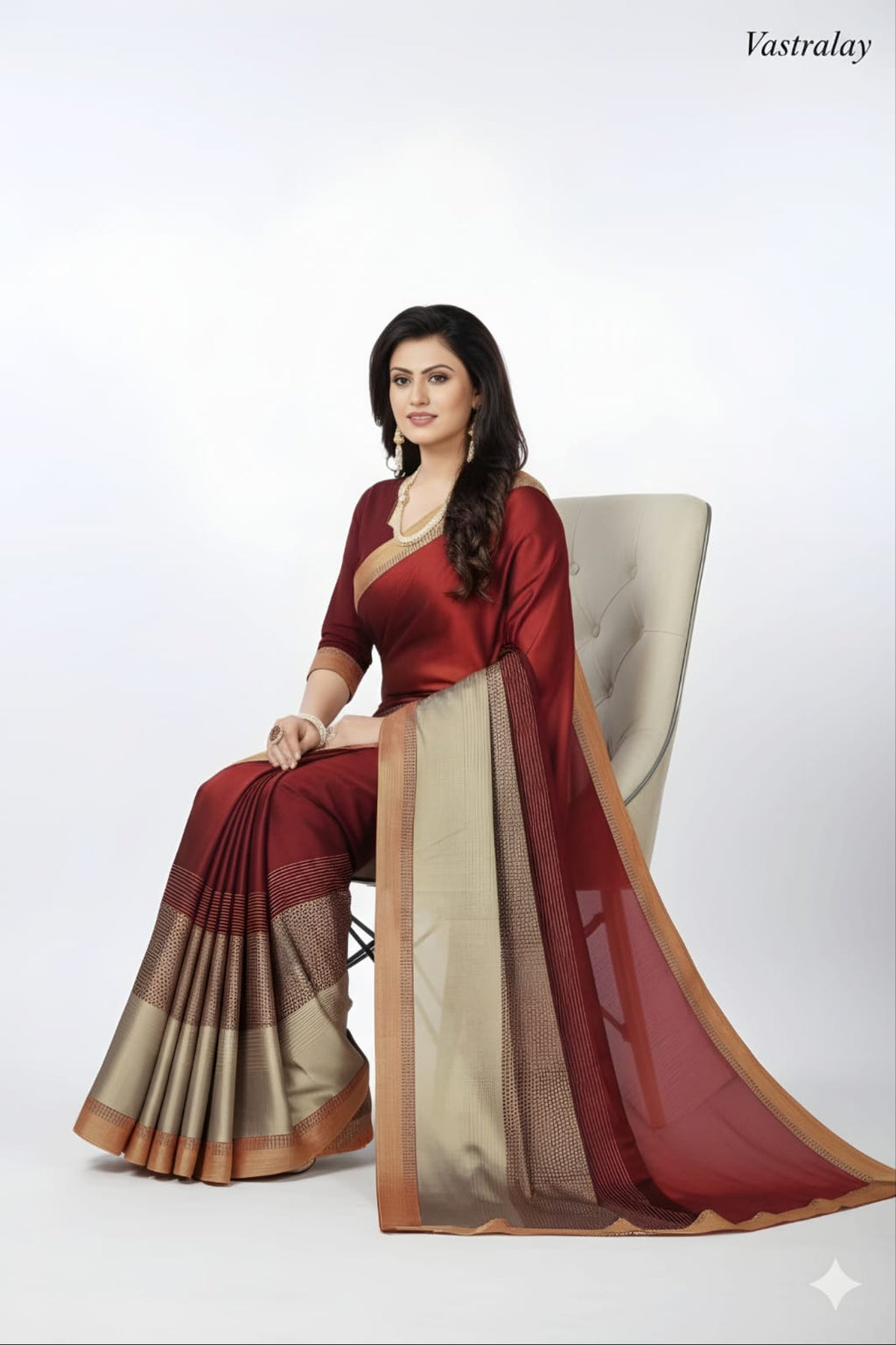 Premium Maroon Satin Silk Saree with Elegant Beige Woven Border
