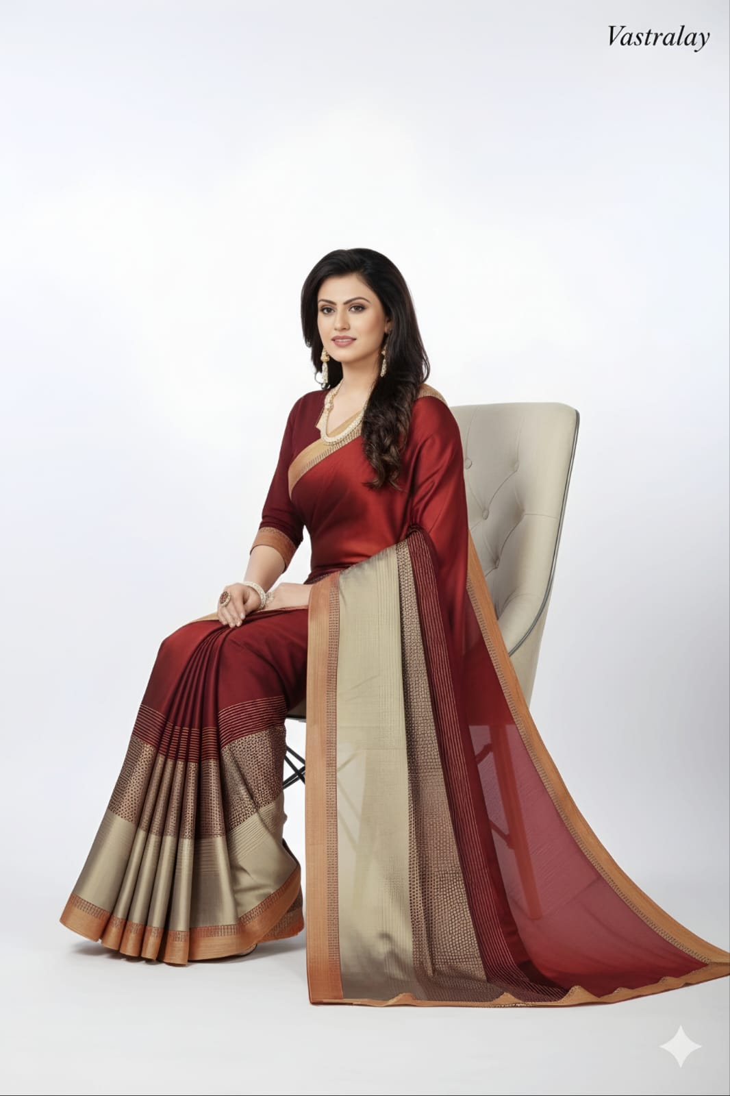 Premium Maroon Satin Silk Saree with Elegant Beige Woven Border