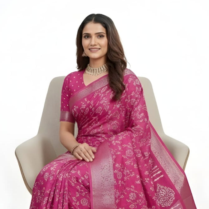 Elegant Rani Pink Silk Blend Saree with All-Over Woven Floral Motifs