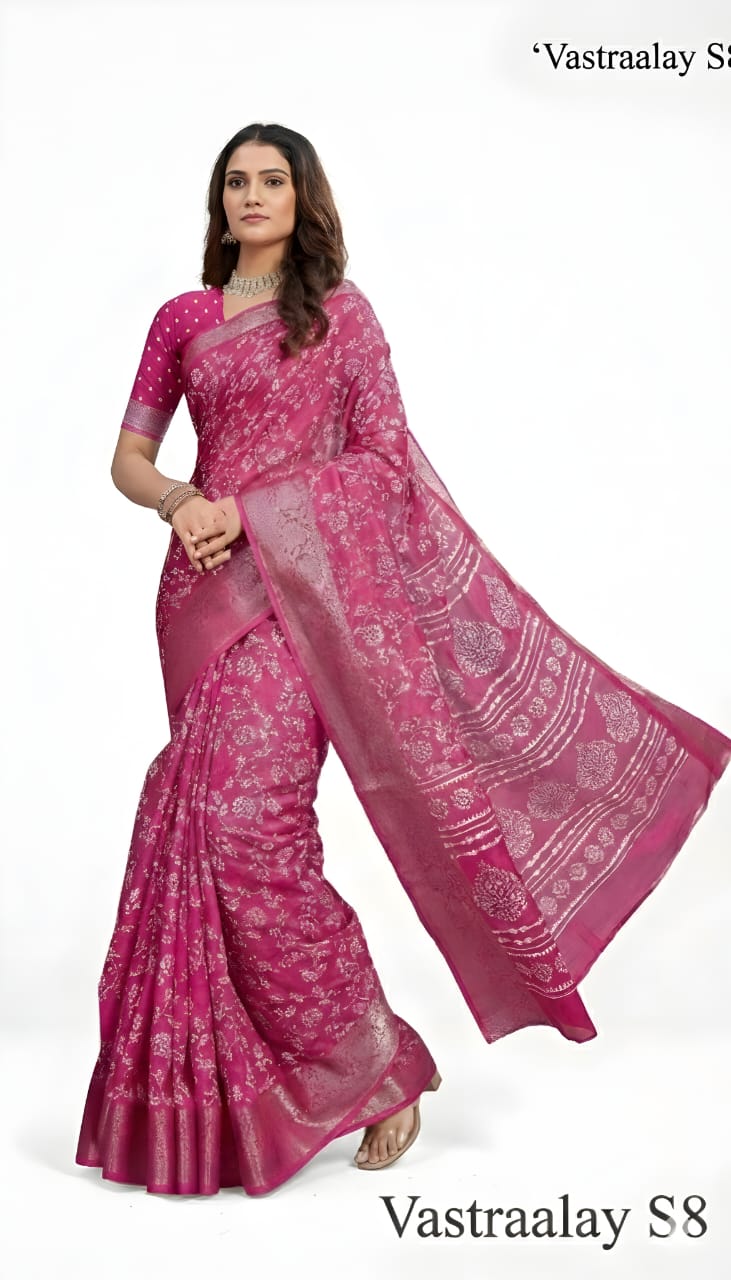 Elegant Rani Pink Silk Blend Saree with All-Over Woven Floral Motifs
