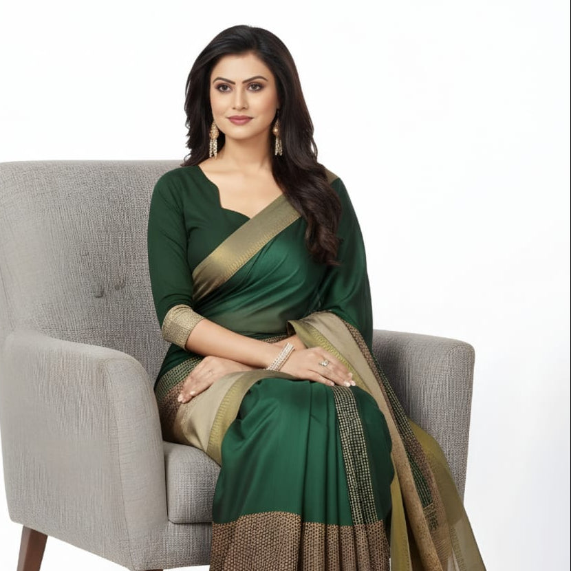 Classic Bottle Green Satin Silk Saree with Elegant Gold Woven Border