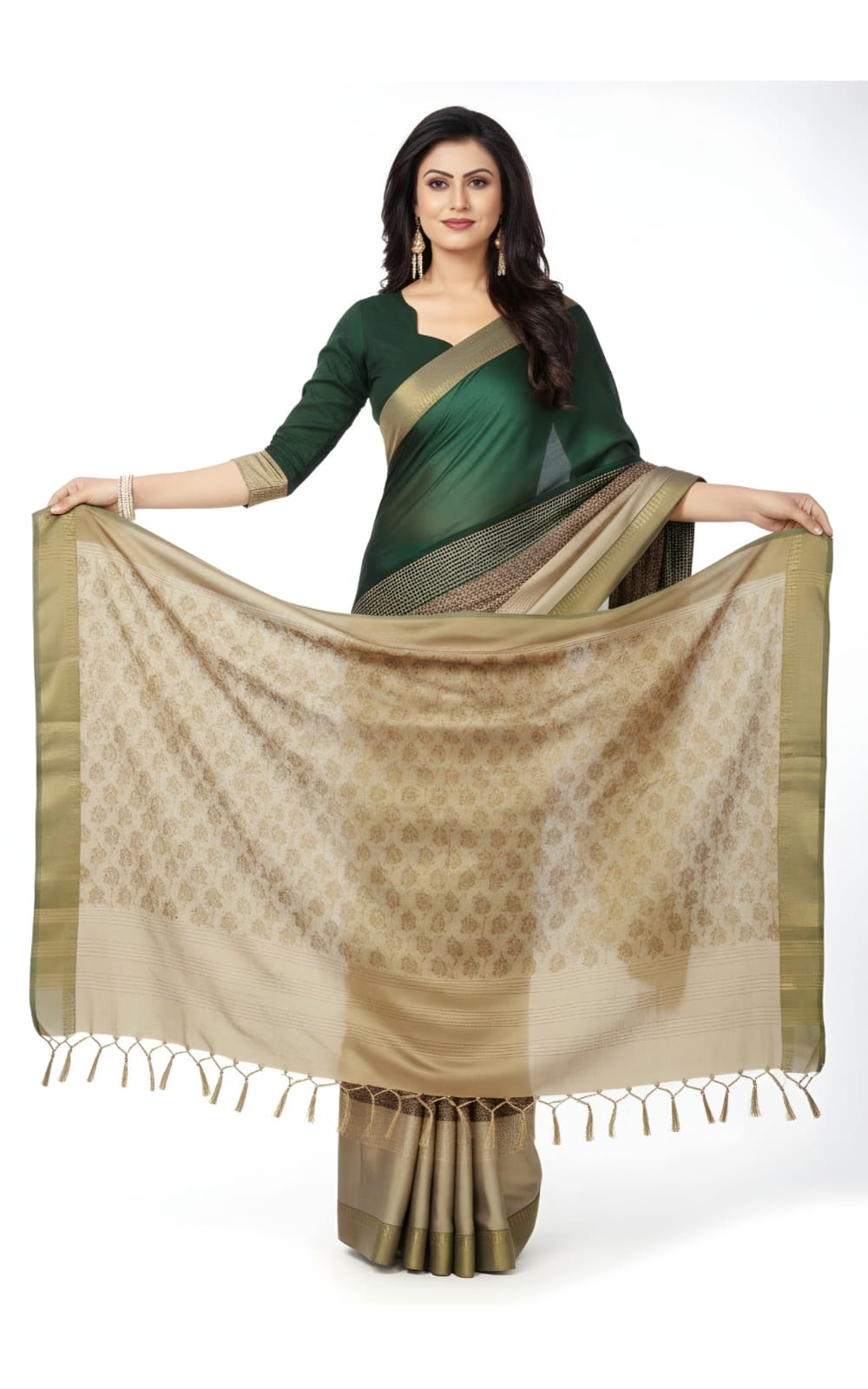 Classic Bottle Green Satin Silk Saree with Elegant Gold Woven Border