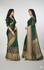 Classic Bottle Green Satin Silk Saree with Elegant Gold Woven Border