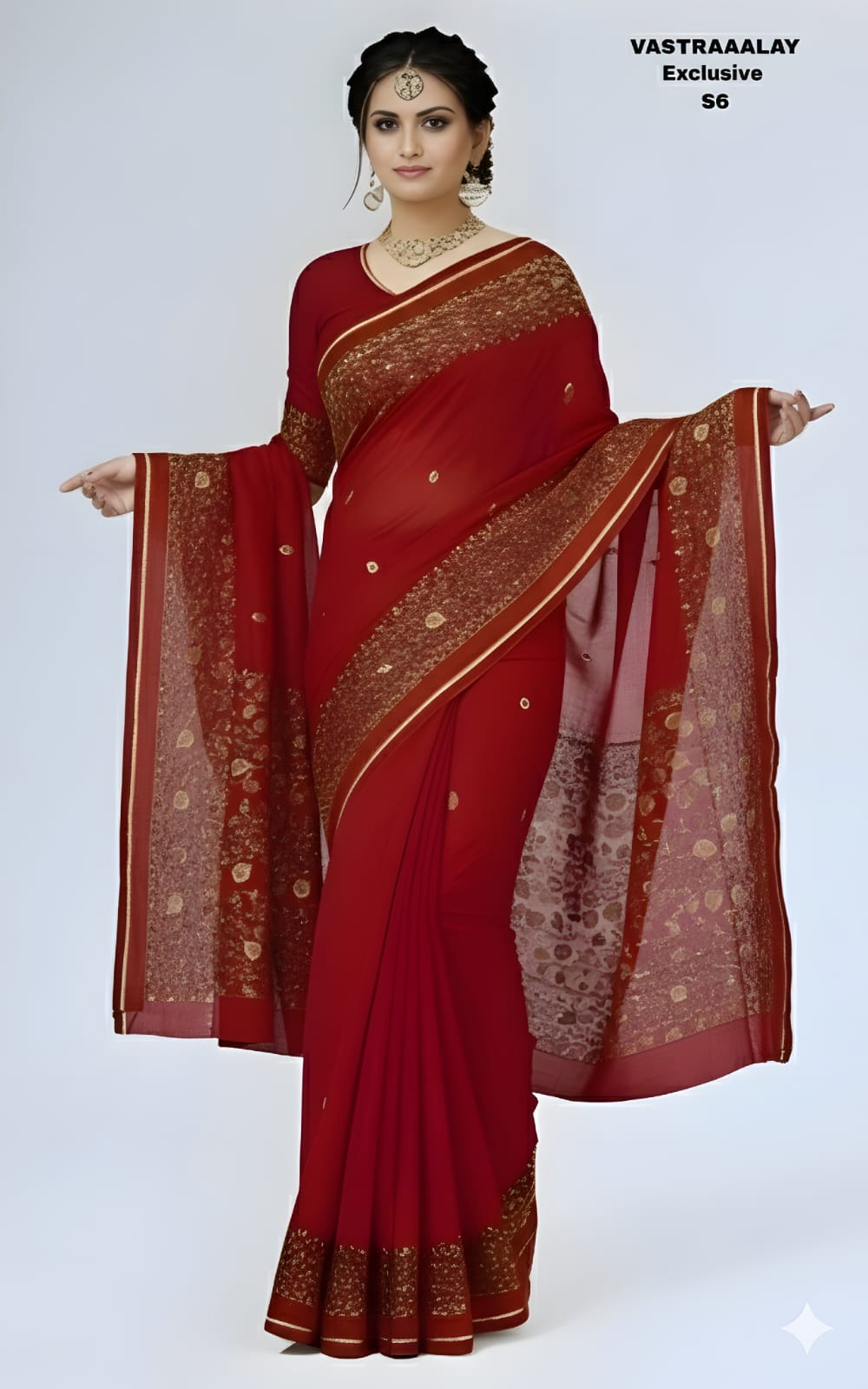 Exclusive Crimson Red Silk Blend Saree with Rich Gold Woven Detailing