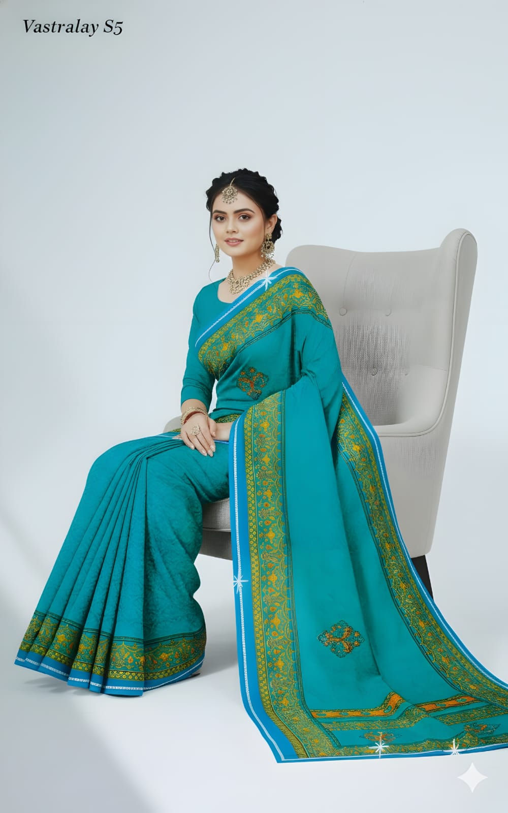 Elegant Teal Blue Silk Blend Saree with Intricate Golden Woven Border