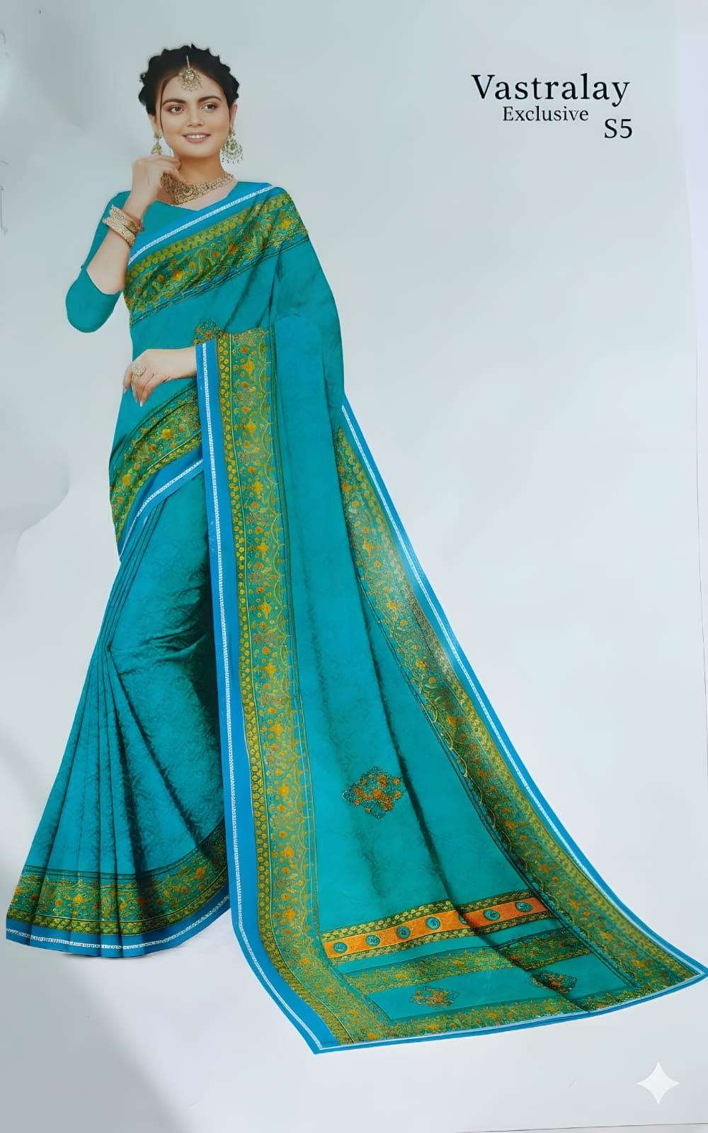 Elegant Teal Blue Silk Blend Saree with Intricate Golden Woven Border