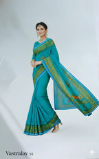 Elegant Teal Blue Silk Blend Saree with Intricate Golden Woven Border