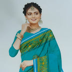 Elegant Teal Blue Silk Blend Saree with Intricate Golden Woven Border