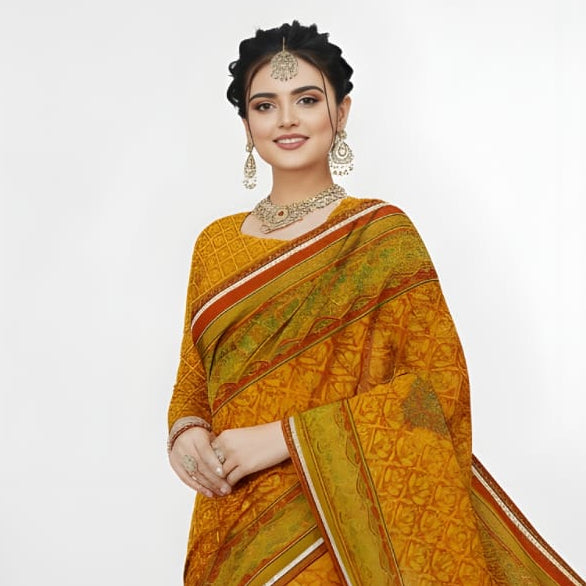 Classic Mustard Orange Silk Blend Saree with Olive Green Contrast Border