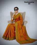 Classic Mustard Orange Silk Blend Saree with Olive Green Contrast Border