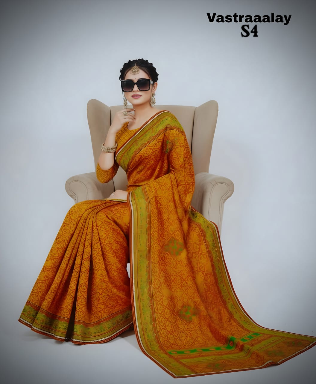 Classic Mustard Orange Silk Blend Saree with Olive Green Contrast Border