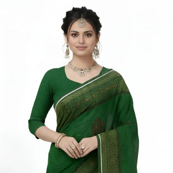 Exclusive Emerald Green Silk Blend Saree with Antique Gold Woven Border