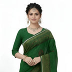 Exclusive Emerald Green Silk Blend Saree with Antique Gold Woven Border