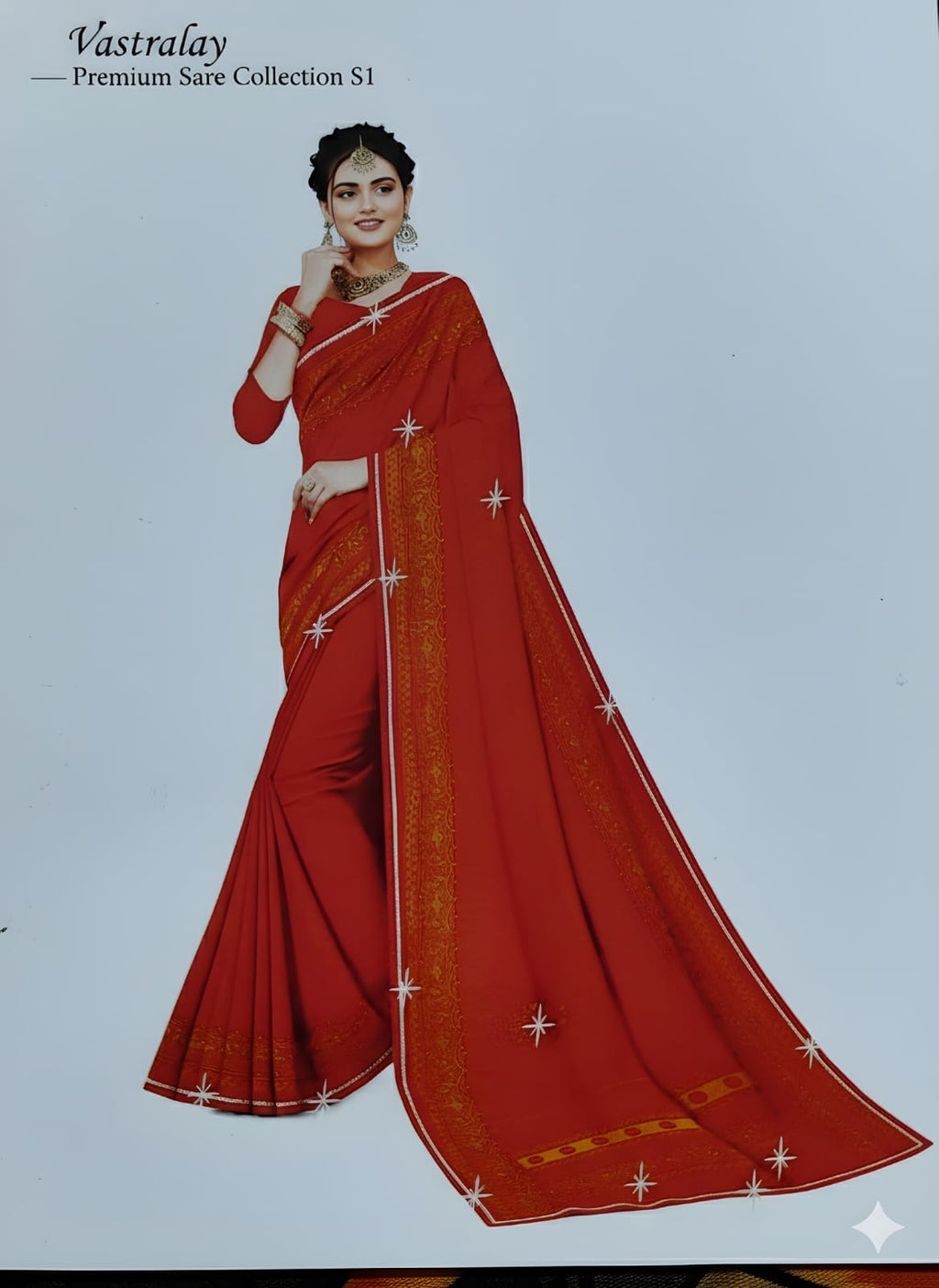 Exclusive Crimson Red Silk Blend Saree with Classic Gold Woven Border