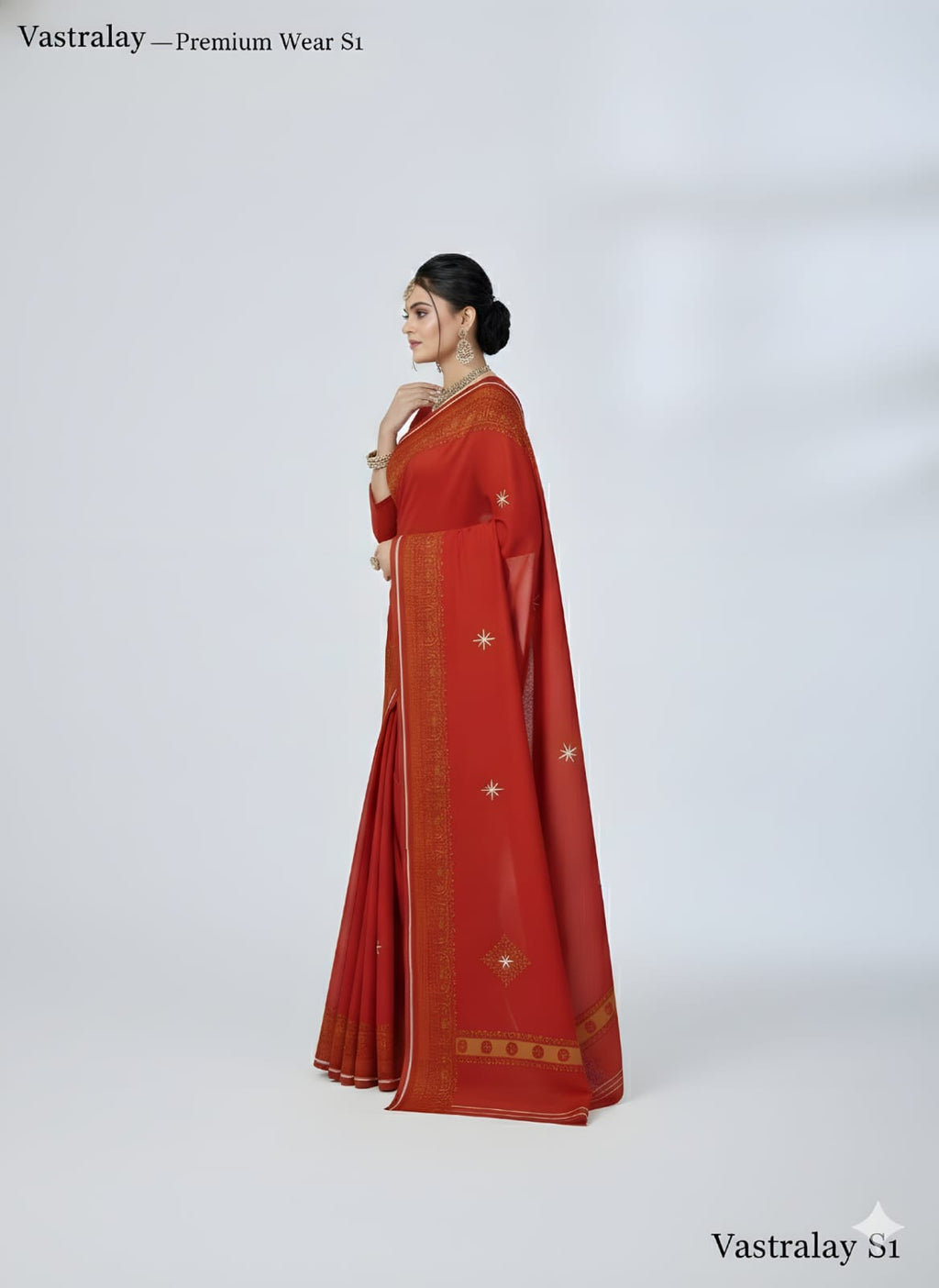 Exclusive Crimson Red Silk Blend Saree with Classic Gold Woven Border