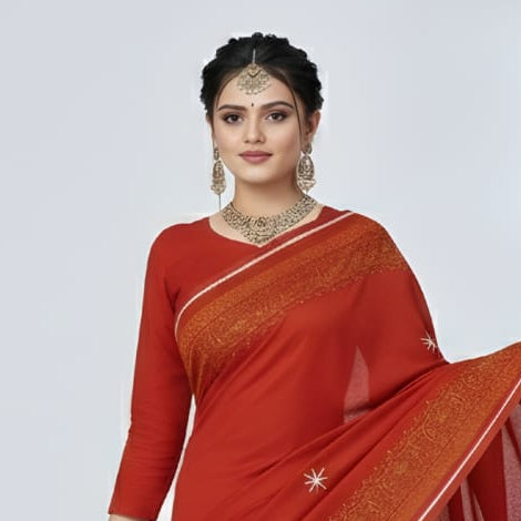 Exclusive Crimson Red Silk Blend Saree with Classic Gold Woven Border