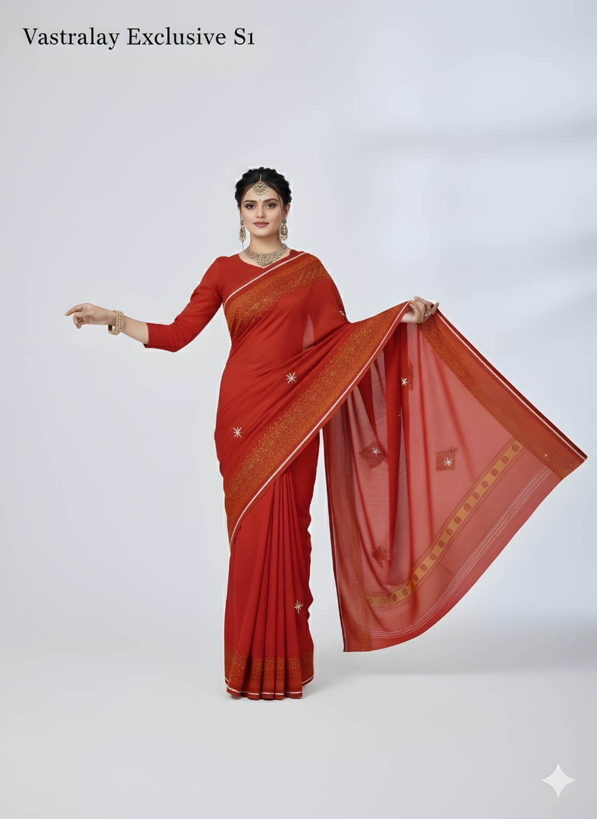 Exclusive Crimson Red Silk Blend Saree with Classic Gold Woven Border