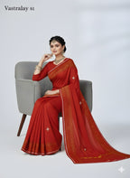 Exclusive Crimson Red Silk Blend Saree with Classic Gold Woven Border