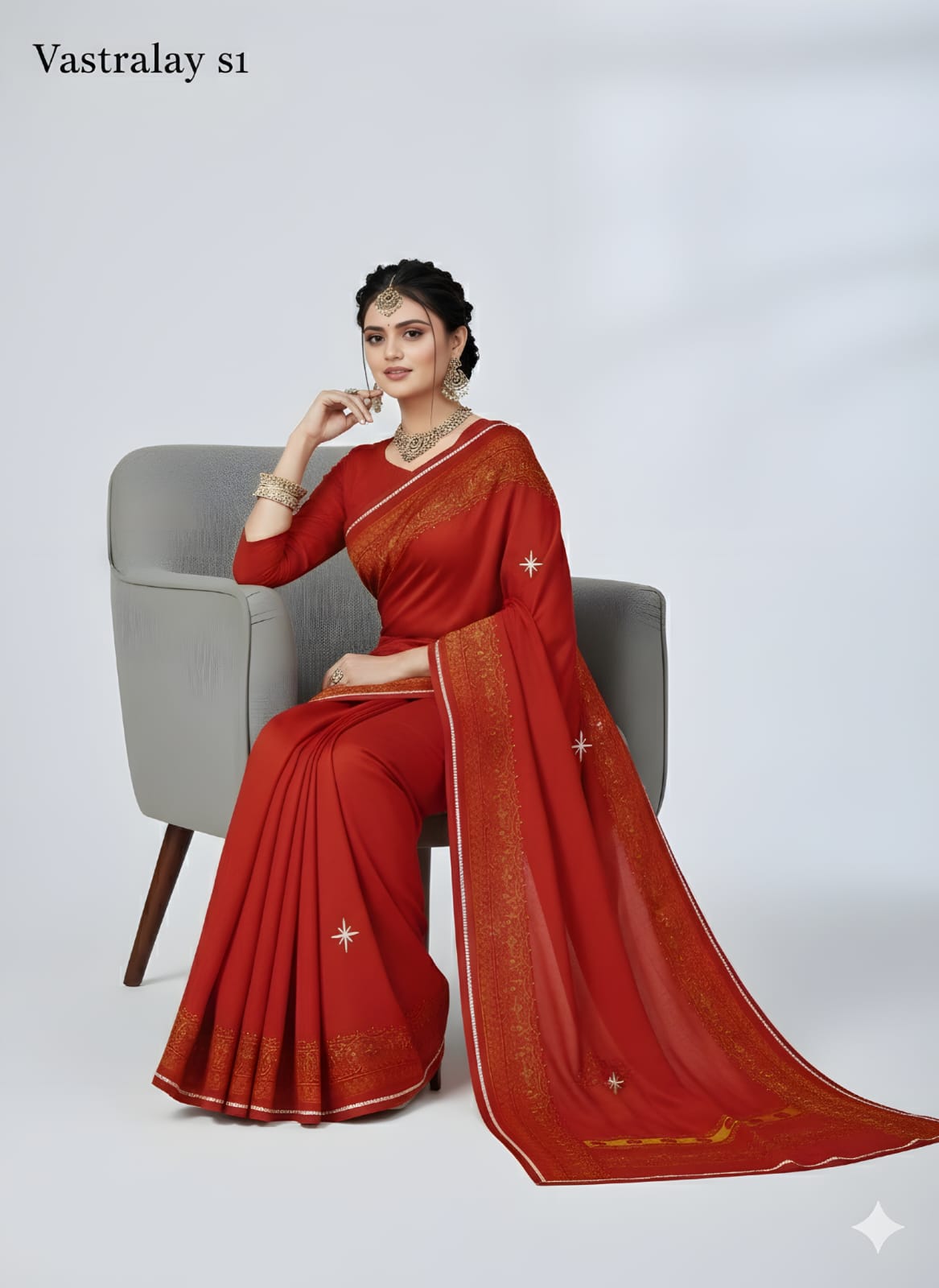 Exclusive Crimson Red Silk Blend Saree with Classic Gold Woven Border