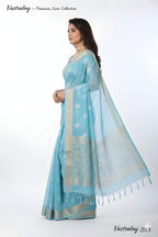 Sky Blue Printed Cotton Silk Saree with Elegant Border