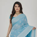 Sky Blue Printed Cotton Silk Saree with Elegant Border