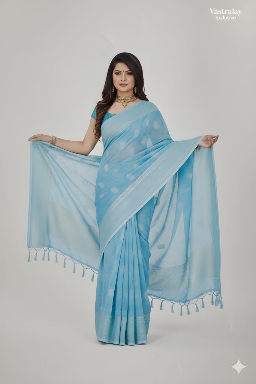Sky Blue Printed Cotton Silk Saree with Elegant Border