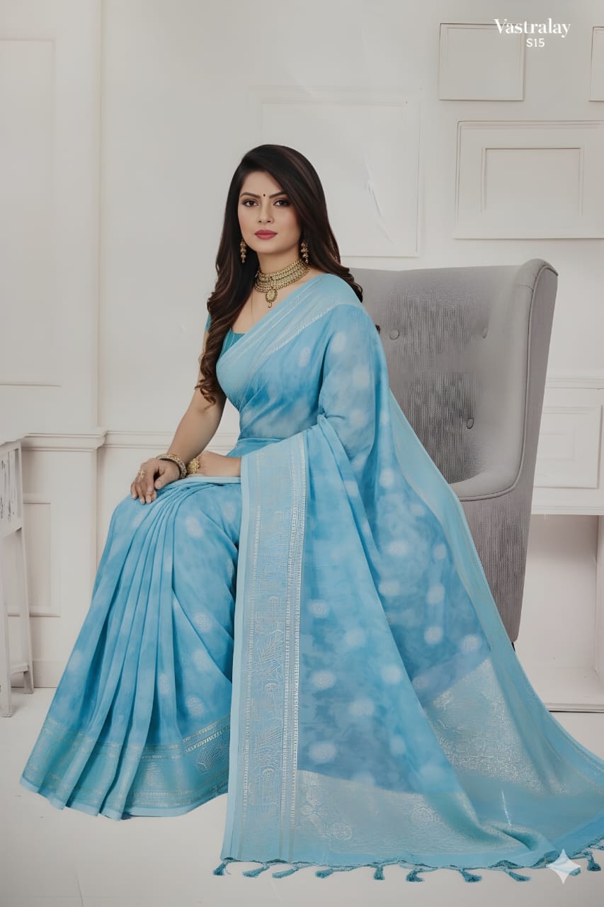 Sky Blue Printed Cotton Silk Saree with Elegant Border