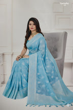 Sky Blue Printed Cotton Silk Saree with Elegant Border