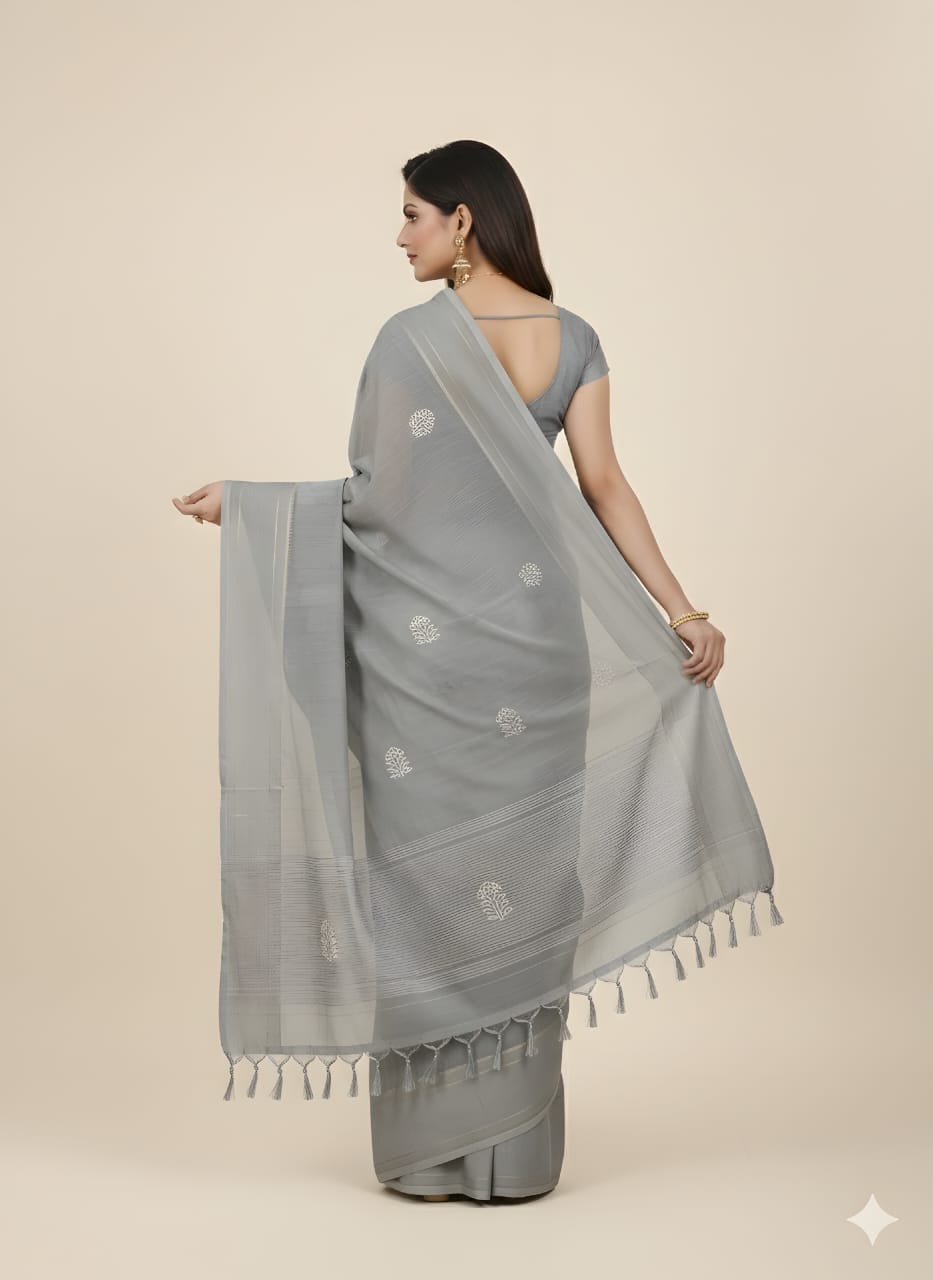 Elegant Grey Cotton Silk Saree with Minimal Motif Weave