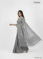 Elegant Grey Cotton Silk Saree with Minimal Motif Weave