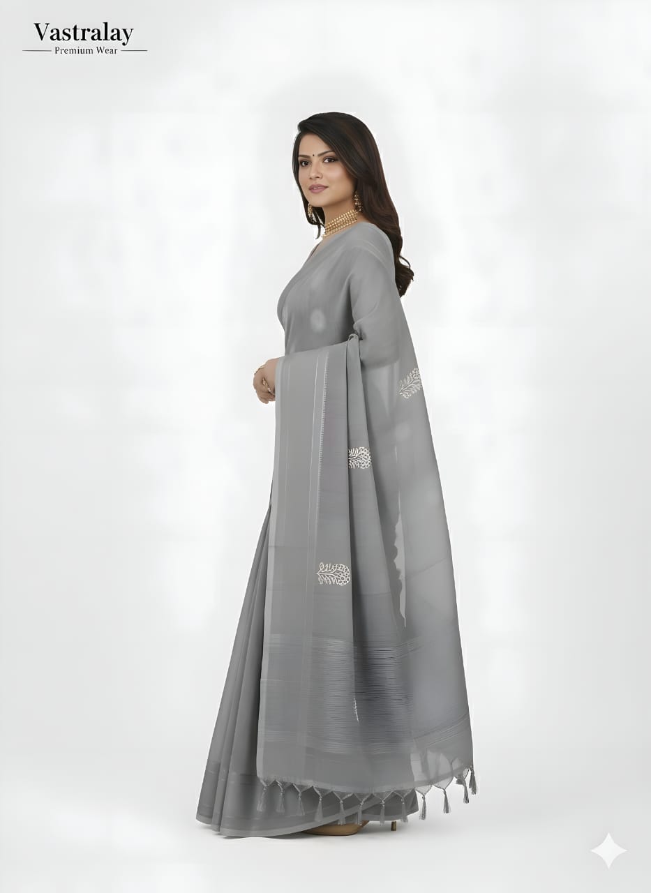 Elegant Grey Cotton Silk Saree with Minimal Motif Weave