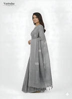 Elegant Grey Cotton Silk Saree with Minimal Motif Weave
