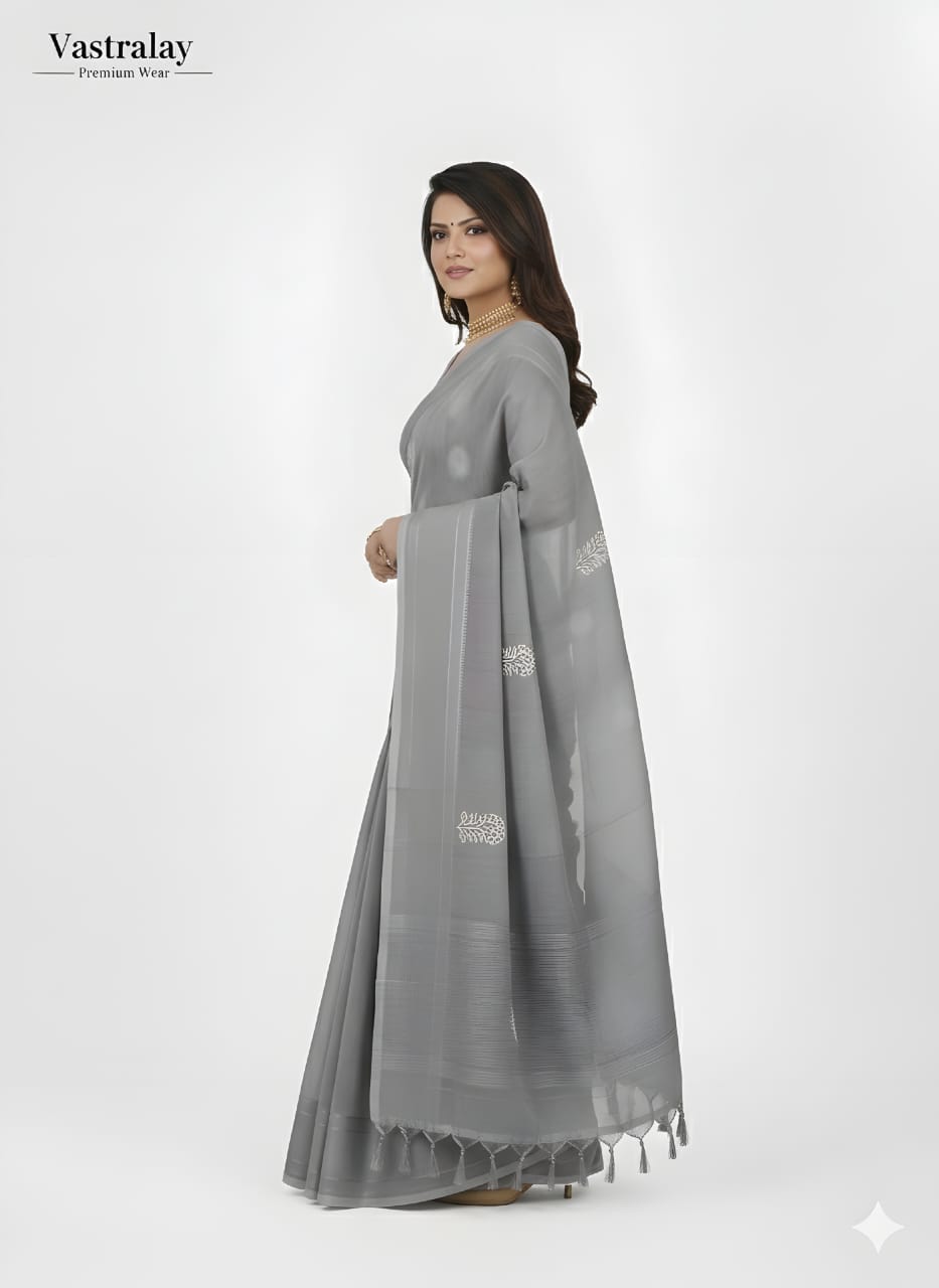 Elegant Grey Cotton Silk Saree with Minimal Motif Weave