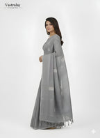Elegant Grey Cotton Silk Saree with Minimal Motif Weave