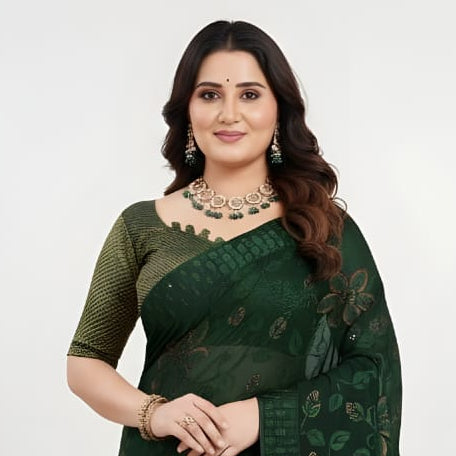 Elegant Dark Green Floral Printed Saree with Matching Blouse Piece