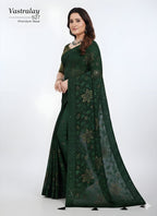 Elegant Dark Green Floral Printed Saree with Matching Blouse Piece
